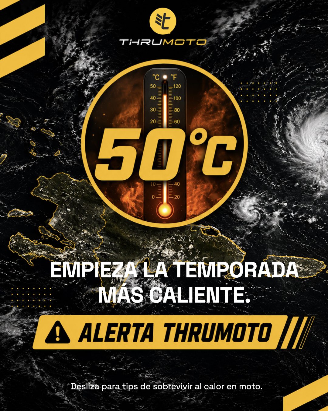 Gráfico de Thrumoto con un termómetro marcando 50 °C sobre un mapa satelital del Caribe y el texto Alerta Thrumoto